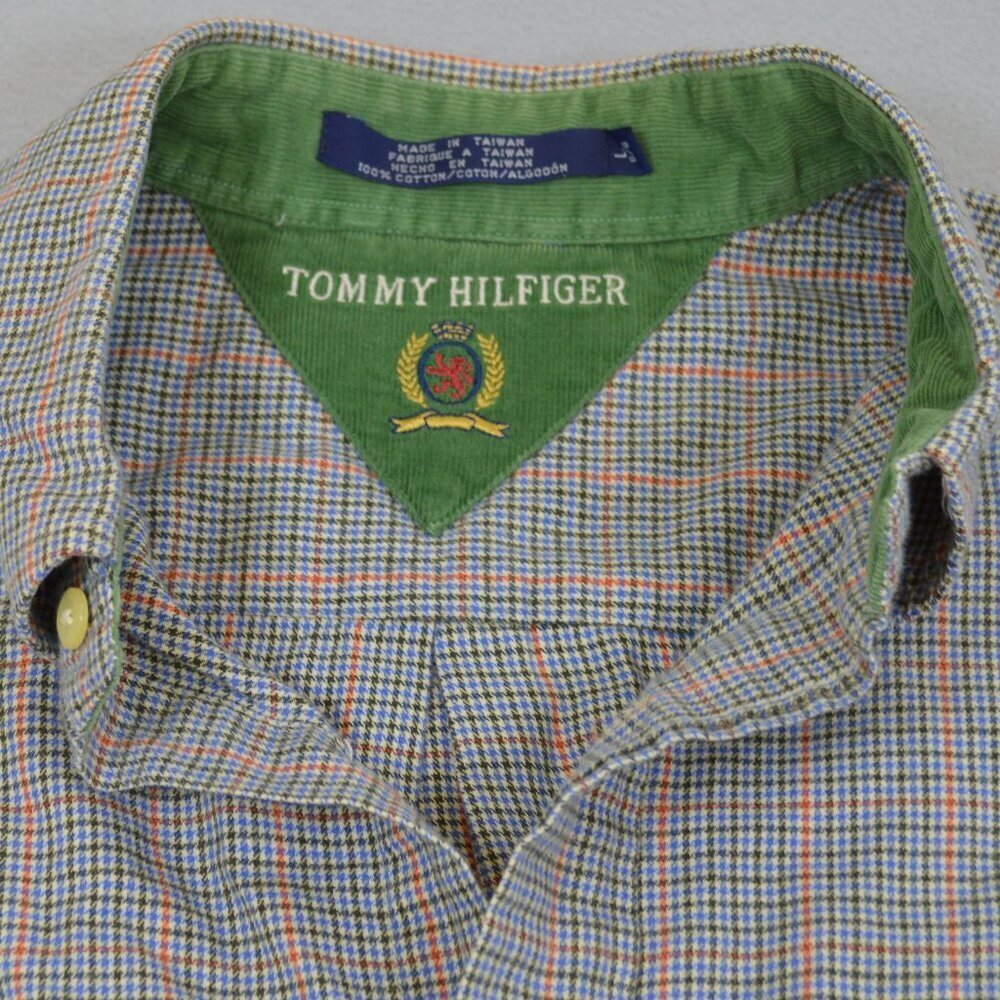 π§’ Tommy Hilfiger Crest Logo Plaid Button Down Shirt Menβs L Preppy - Picture 5 of 10